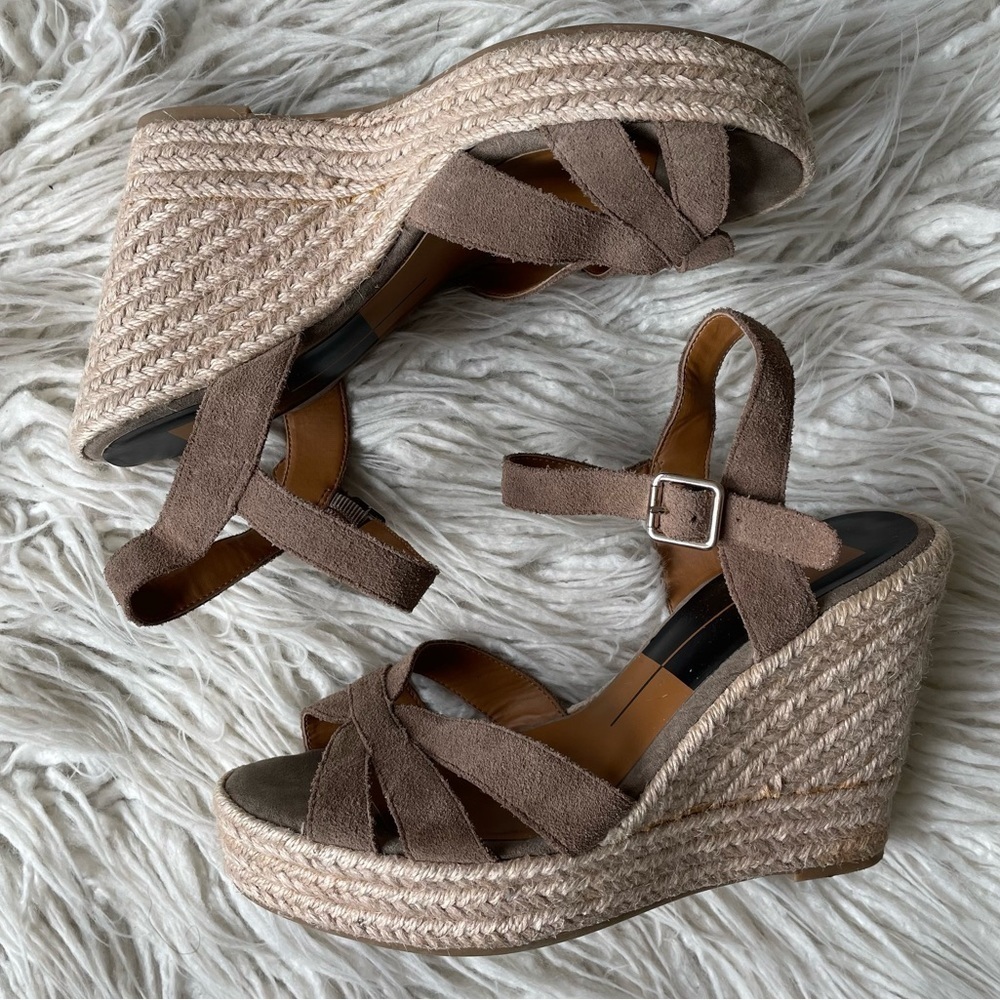 Dolce Vita Light Taupe Brown Suede Open Toe Espadrille Platform Wedge EUC Sz 8.5